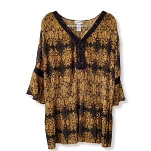 VTG Women Catherine's Gold Black Tunic Top 2X Bohemian Witchy Whimsigoth Gypsy